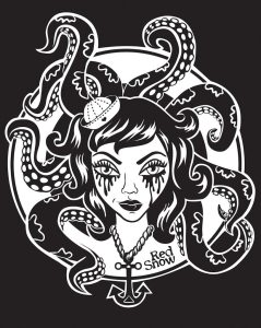 black and white illustration of a sailor girl head and tentacles