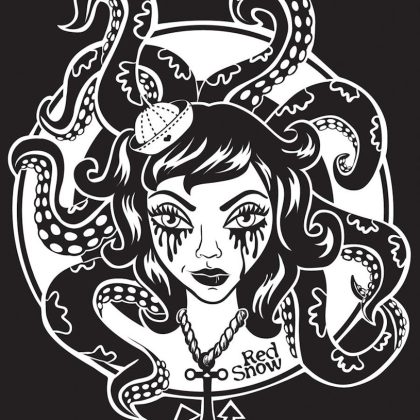 black and white illustration of a sailor girl head and tentacles